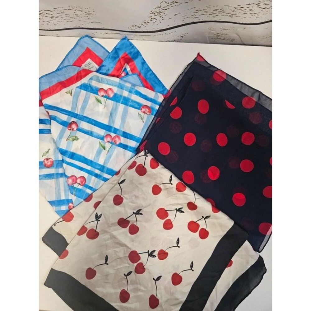 3pc Cherry & Polka Dot Scarf Lot Retro Rockabilly Hair Neck Scarves